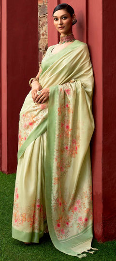 Green color Saree in Art Silk fabric with Floral, Printed, Weaving work