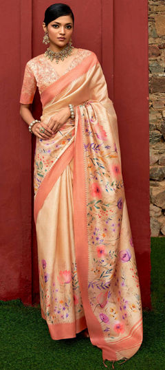 Beige and Brown color Saree in Art Silk fabric with Floral, Printed, Weaving work