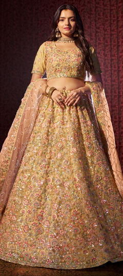 Beige and Brown color Lehenga in Net fabric with Sequence, Thread work