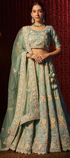 Blue color Lehenga in Organza Silk fabric with Sequence, Thread, Zircon work