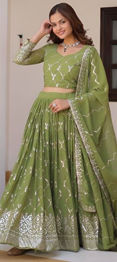 Green color Lehenga in Faux Georgette fabric with Embroidered, Sequence, Thread work