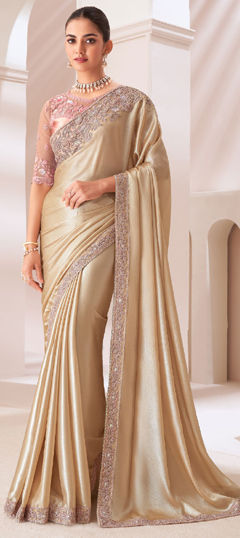 Beige and Brown color Saree in Chiffon fabric with Embroidered, Resham, Sequence, Thread work