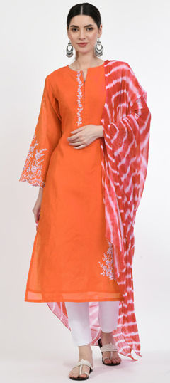 Orange color Salwar Kameez in Art Silk fabric with Embroidered work