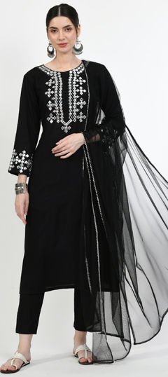 Black and Grey color Salwar Kameez in Rayon fabric with Embroidered, Thread work