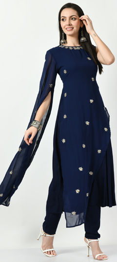 Blue color Salwar Kameez in Georgette fabric with Embroidered, Thread work