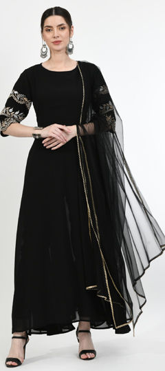 Black and Grey color Salwar Kameez in Georgette fabric with Embroidered, Thread work