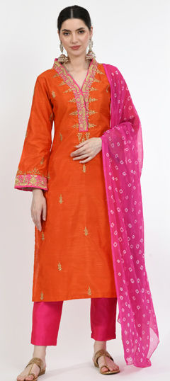 Orange color Salwar Kameez in Art Silk fabric with Embroidered, Thread work