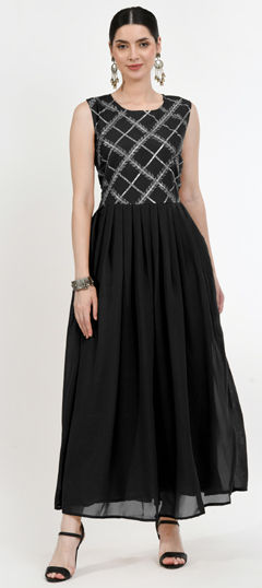 Black and Grey color Dress in Georgette fabric with Embroidered work