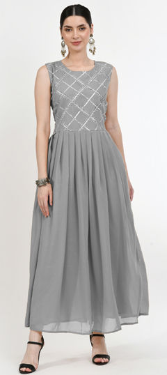 Black and Grey color Dress in Georgette fabric with Embroidered work