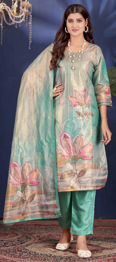 Blue color Salwar Kameez in Shimmer fabric with Digital Print, Sequence work