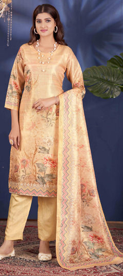 Yellow color Salwar Kameez in Shimmer fabric with Digital Print, Sequence work