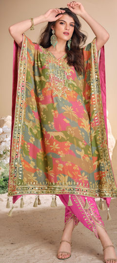 Multicolor color Salwar Kameez in Crepe Silk fabric with Embroidered, Mirror, Sequence, Thread work