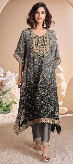 Black and Grey color Salwar Kameez in Crepe Silk fabric with Embroidered, Mirror, Sequence, Thread work