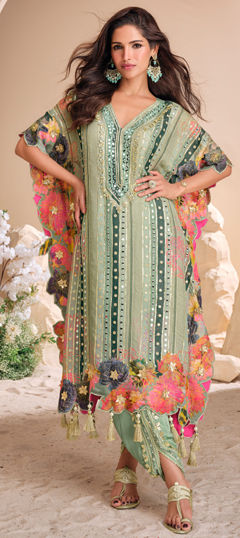 Green color Salwar Kameez in Crepe Silk fabric with Embroidered, Mirror, Sequence, Thread work