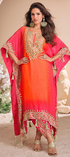 Orange, Pink and Majenta color Salwar Kameez in Crepe Silk fabric with Embroidered, Mirror, Sequence, Thread work