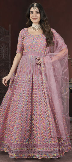 Pink and Majenta color Gown in Net fabric with Embroidered, Thread, Zircon work