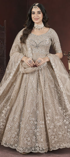 Beige and Brown color Gown in Net fabric with Embroidered, Mirror, Thread, Zircon work