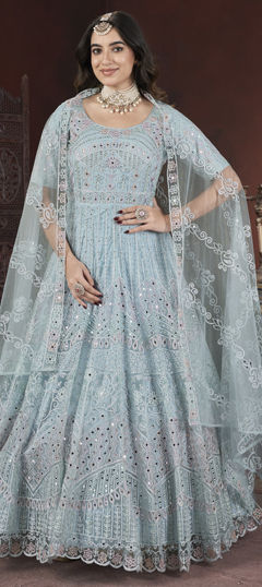 Blue color Gown in Net fabric with Embroidered, Mirror, Thread, Zircon work