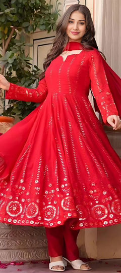 Red and Maroon color Salwar Kameez in Faux Georgette fabric with Embroidered, Sequence, Thread work