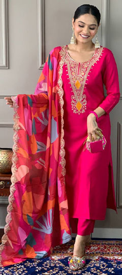 Pink and Majenta color Salwar Kameez in Viscose fabric with Embroidered, Sequence, Thread work