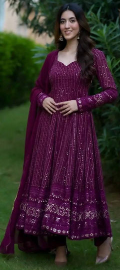 Purple and Violet color Salwar Kameez in Faux Georgette fabric with Embroidered, Sequence, Thread work