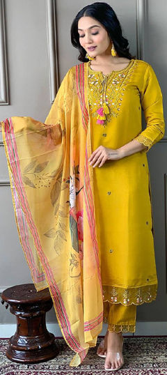 Yellow color Salwar Kameez in Chanderi Silk fabric with Embroidered, Sequence, Thread work