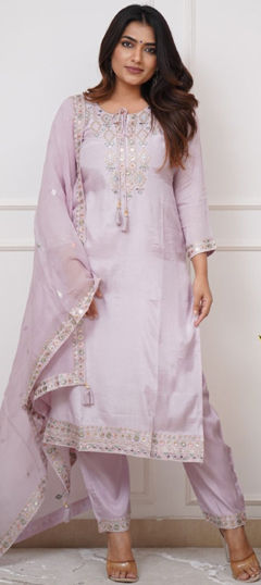 Pink and Majenta color Salwar Kameez in Viscose fabric with Embroidered, Thread work