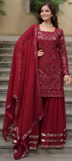 Red and Maroon color Salwar Kameez in Faux Georgette fabric with Embroidered, Sequence, Thread work