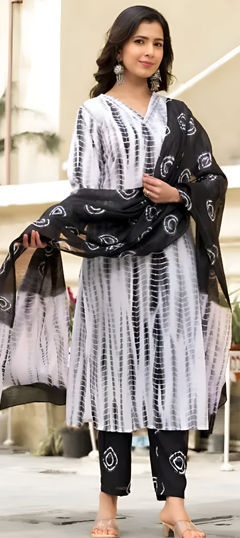 Black and Grey, White and Off White color Salwar Kameez in Blended Cotton fabric with Embroidered, Printed, Sequence, Tye n Dye work