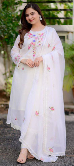 White and Off White color Salwar Kameez in Georgette fabric with Embroidered, Sequence, Thread work