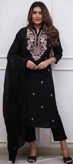 Black and Grey color Salwar Kameez in Viscose fabric with Embroidered, Thread work