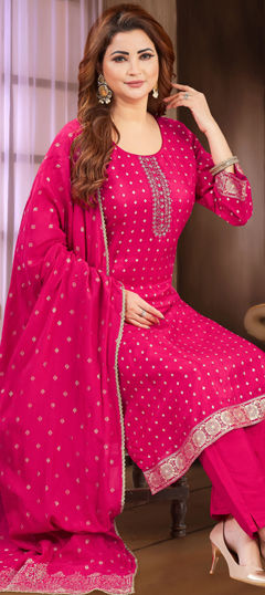 Pink and Majenta color Salwar Kameez in Silk fabric with Bugle Beads, Sequence, Thread, Weaving work