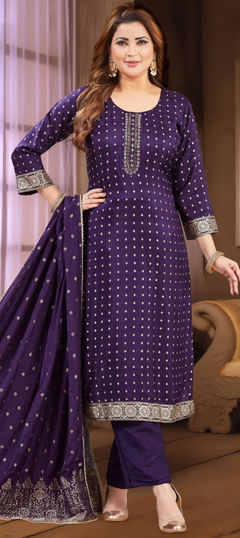 Purple and Violet color Salwar Kameez in Silk fabric with Bugle Beads, Sequence, Thread, Weaving work