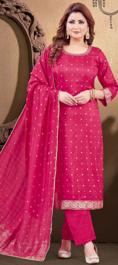 Pink and Majenta color Salwar Kameez in Silk fabric with Bugle Beads, Sequence, Thread, Weaving work