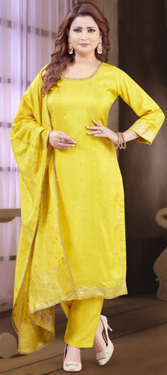 Yellow color Salwar Kameez in Silk fabric with Bugle Beads, Cut Dana, Sequence, Thread, Weaving work