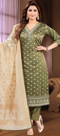 Green color Salwar Kameez in Silk fabric with Embroidered, Sequence, Thread work