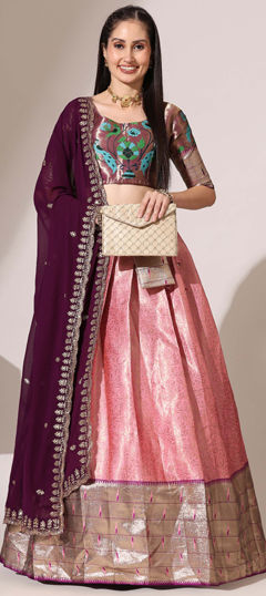Pink and Majenta color Lehenga in Silk fabric with Weaving work