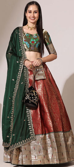 Red and Maroon color Lehenga in Silk fabric with Weaving work