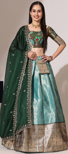 Green color Lehenga in Silk fabric with Weaving work