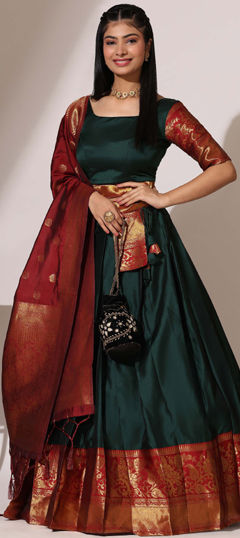 Green color Lehenga in Silk fabric with Weaving work