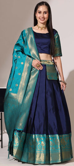 Blue color Lehenga in Silk fabric with Weaving work