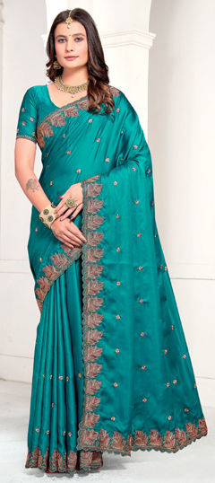 Blue color Saree in Satin Silk fabric with Embroidered, Resham, Zari work