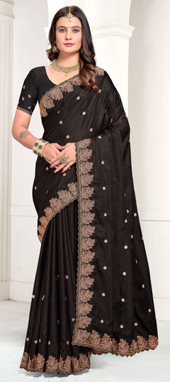 Black and Grey color Saree in Satin Silk fabric with Embroidered, Resham, Zari work