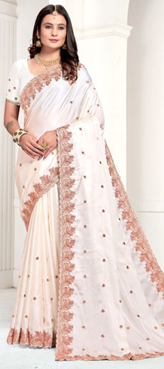 White and Off White color Saree in Satin Silk fabric with Embroidered, Resham, Zari work