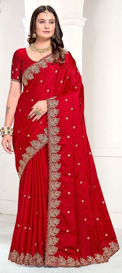 Red and Maroon color Saree in Satin Silk fabric with Embroidered, Resham, Zari work