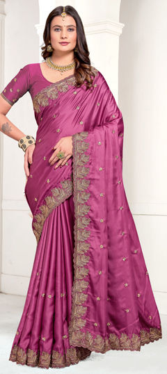 Pink and Majenta color Saree in Satin Silk fabric with Embroidered, Resham, Zari work