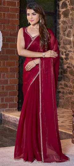 Red and Maroon color Saree in Satin Silk fabric with Stone, Zircon work