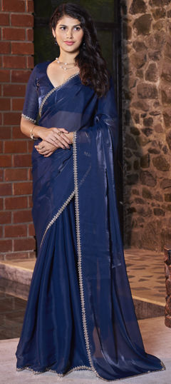 Blue color Saree in Satin Silk fabric with Stone, Zircon work