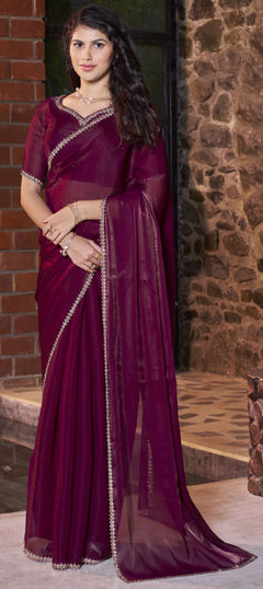 Purple and Violet color Saree in Satin Silk fabric with Stone, Zircon work