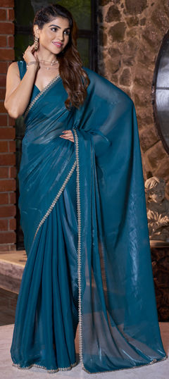 Blue color Saree in Satin Silk fabric with Stone, Zircon work